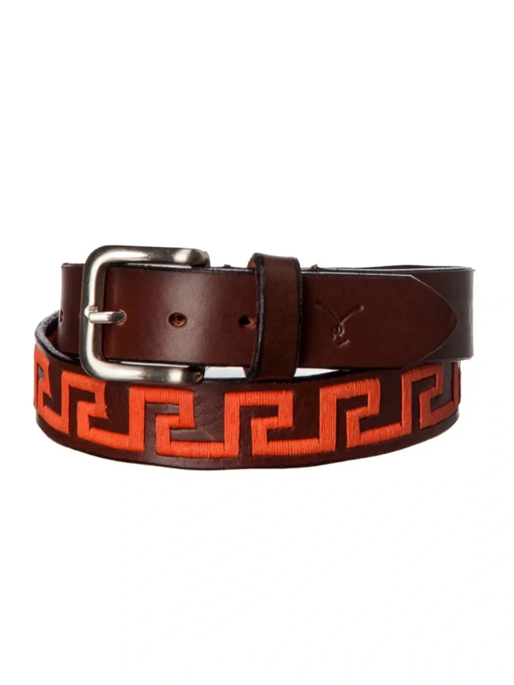 Tato’s  Men's Brown Leather Polo  Belt with Orange Geometric Embroidery 38